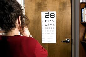 Woman getting an eye exam, looking at an eye chart